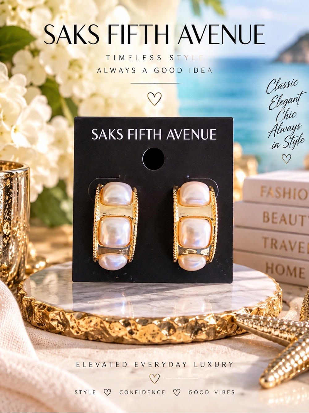 Saks Fifth Avenue Gold Tone Faux Pearl Chunky Half Hoop Earrings